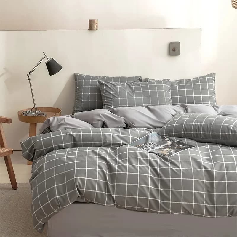 NSNLGSGC Twin Duvet Cover Set Grid White | Soft Microfiber Bedding for Kids — Gray Grid