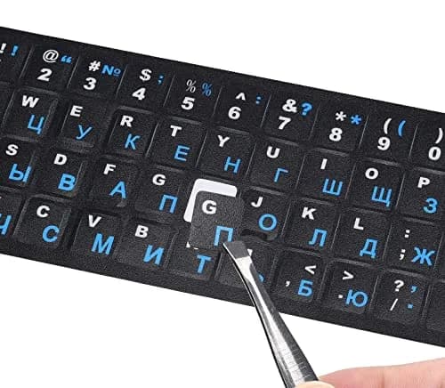 DAMMOMKO 2-Piece Russian Keyboard Stickers with Tweezer | Cyrillic Keyboard Letter Stickers Black Background with Blue/White Lettering thumbnail 1