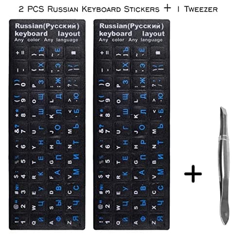 DAMMOMKO 2-Piece Russian Keyboard Stickers with Tweezer | Cyrillic Keyboard Letter Stickers Black Background with Blue/White Lettering thumbnail 2