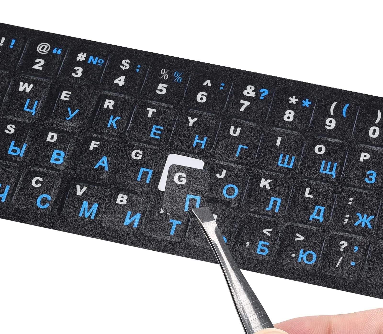 DAMMOMKO Hebrew Keyboard Letter Stickers - Black Background, 2-Pack | Vinyl Replacement for Laptops — Russian-black/Blue