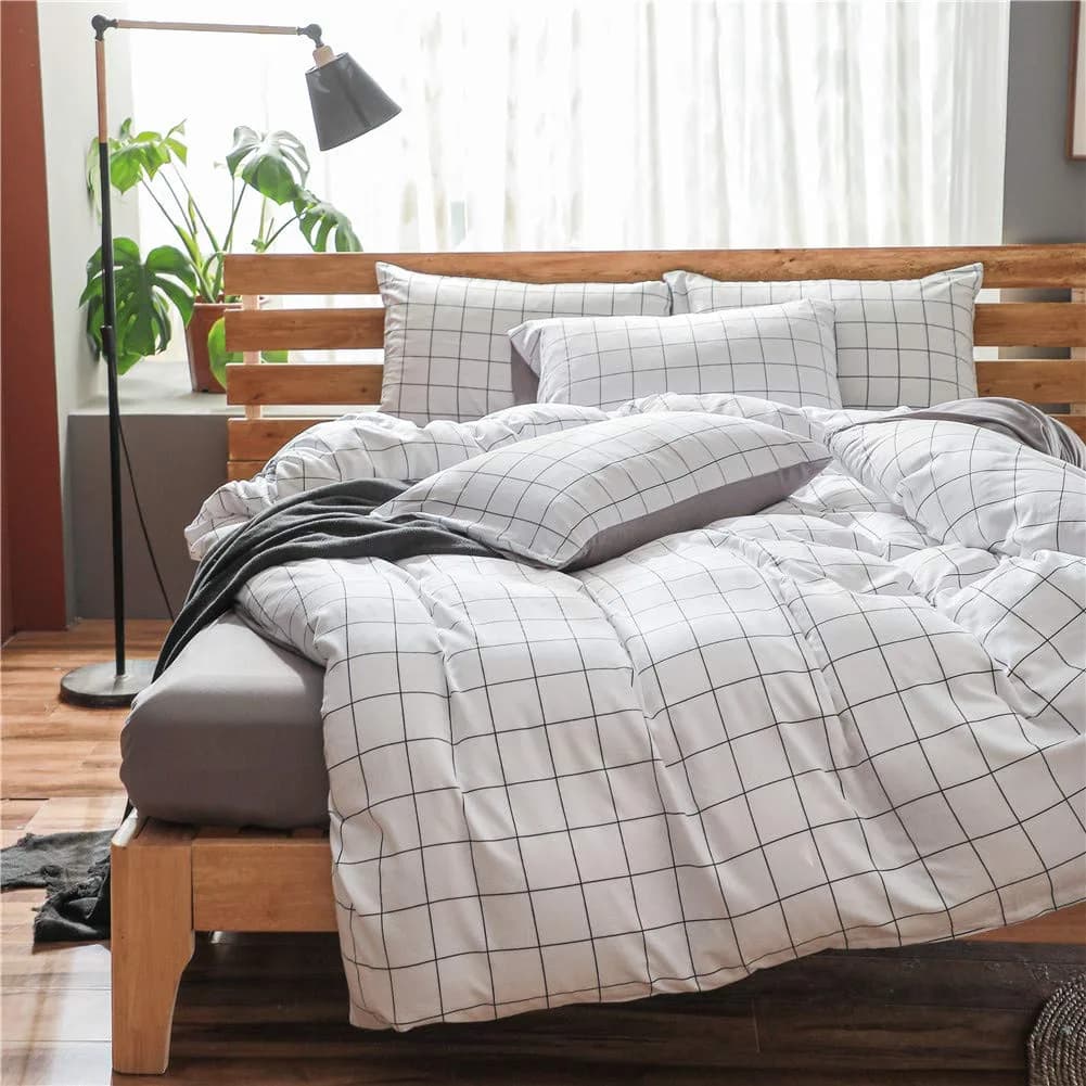 NSNLGSGC Twin Duvet Cover Set Grid White | Soft Microfiber Bedding for Kids