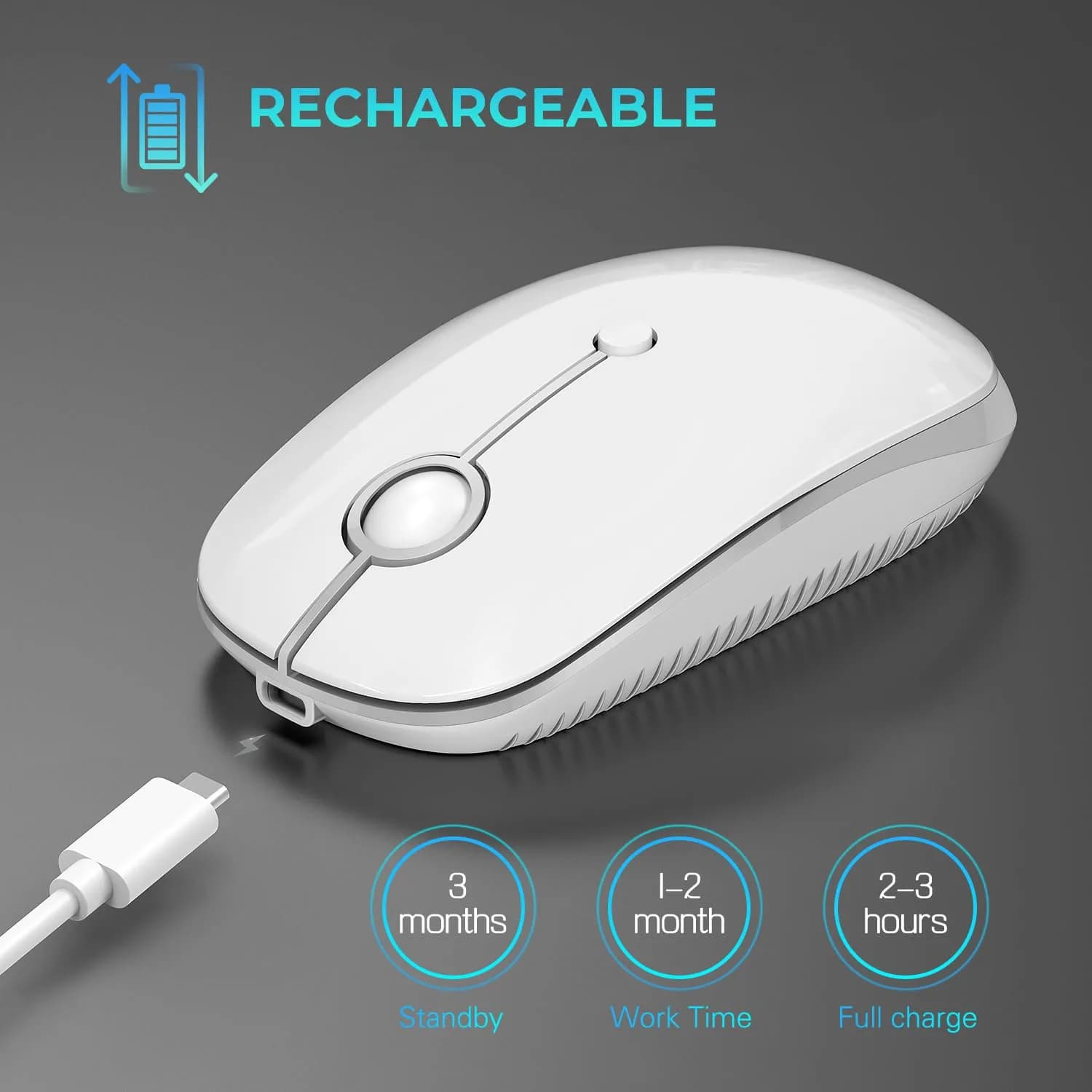 VssoPlor Type-C Wireless Mouse in White and Silver - Ergonomic, Rechargeable Computer Mouse with USB & Type-C Receiver - view 4