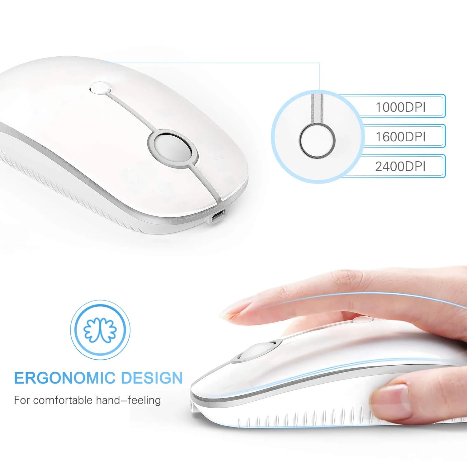 VssoPlor Type-C Wireless Mouse, USB C MacBook Wireless Mouse, White Silver | 3-Level DPI Adjustable, Rechargeable, Quiet Click - view 6