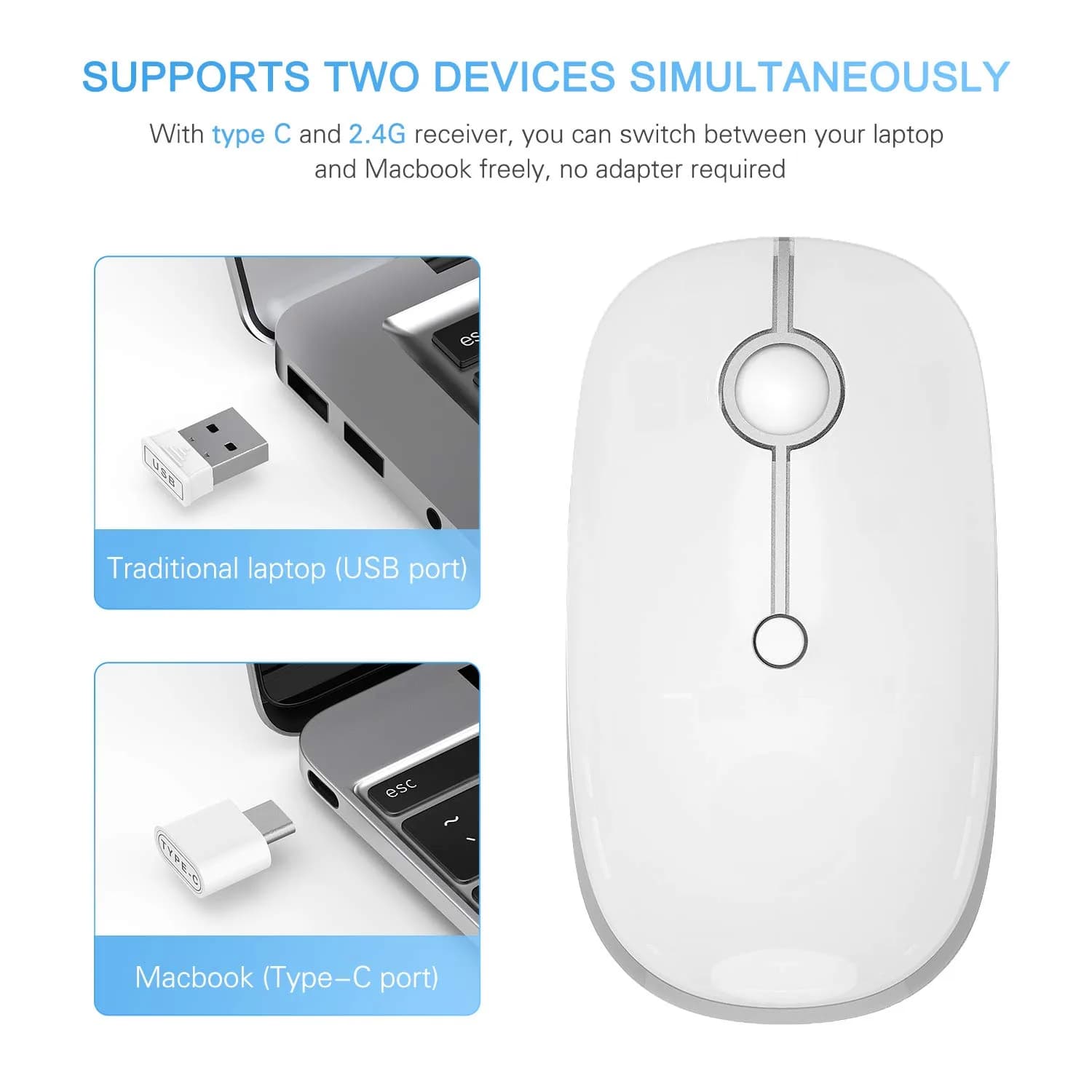 VssoPlor Type-C Wireless Mouse in White and Silver - Ergonomic, Rechargeable Computer Mouse with USB & Type-C Receiver - view 2