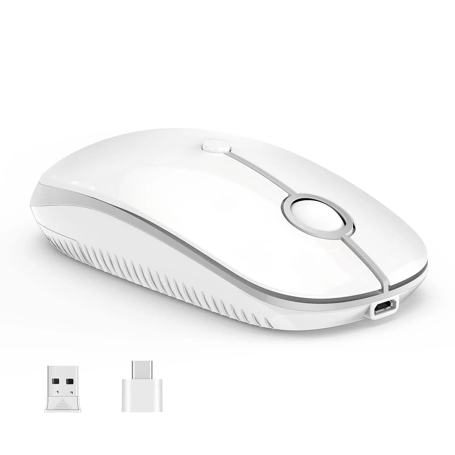 VssoPlor Type-C Wireless Mouse, Rechargeable Ergonomic Computer Mouse with USB & Type-C Receiver, Black Silver | Quiet Clicks & Adjustable DPI — White and Silver