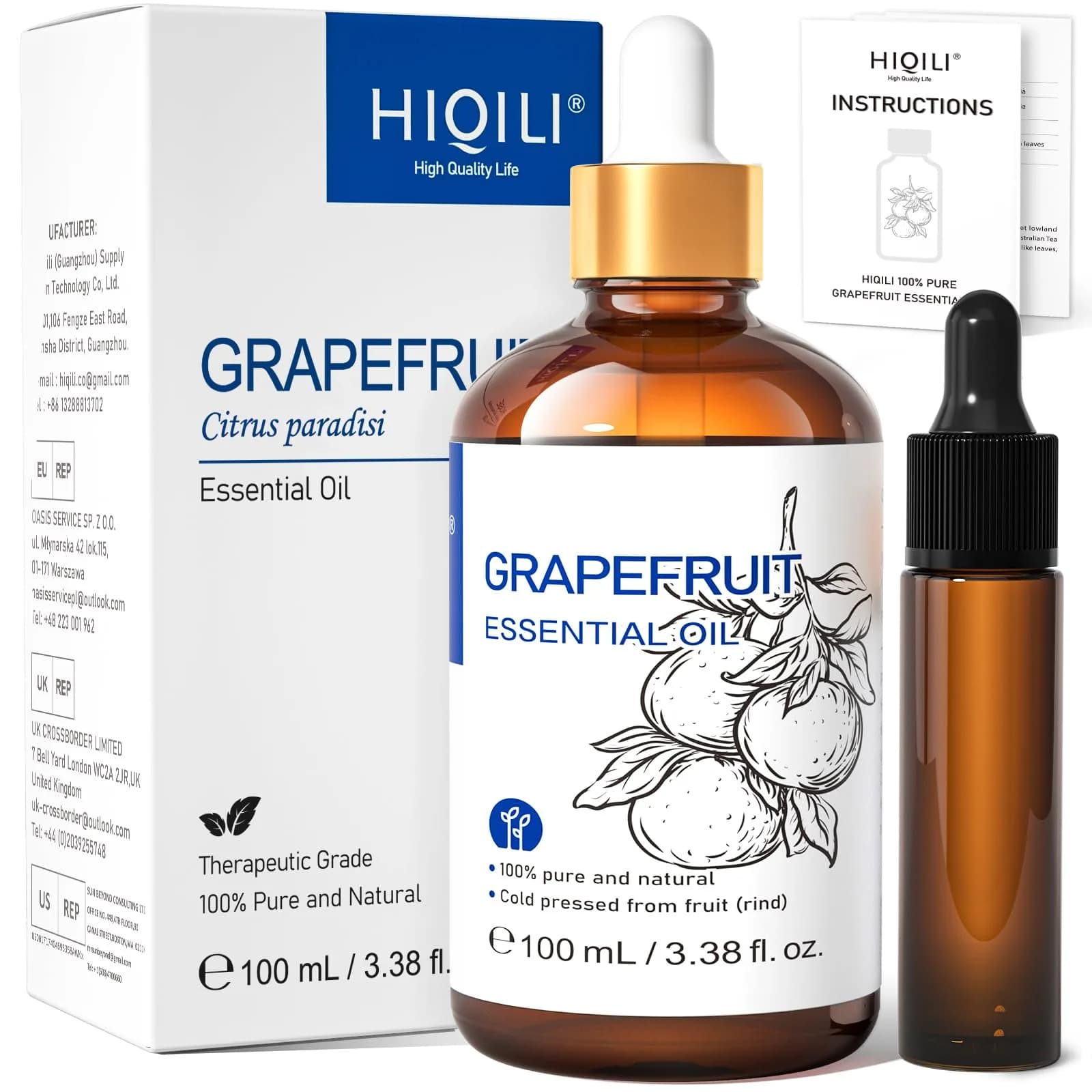 HIQILI Grapefruit Essential Oil 100ml (3.38 Fl Oz) | USA Imported Aromatherapy Grade - main product image