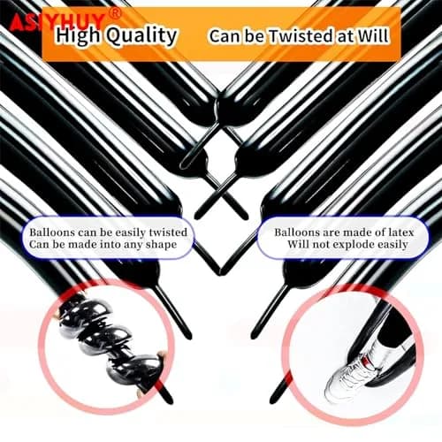 ASIYUHY 100 Pack Black Long Twisting Balloons 260cm (102in) | Durable Latex for Animal Shapes thumbnail 4