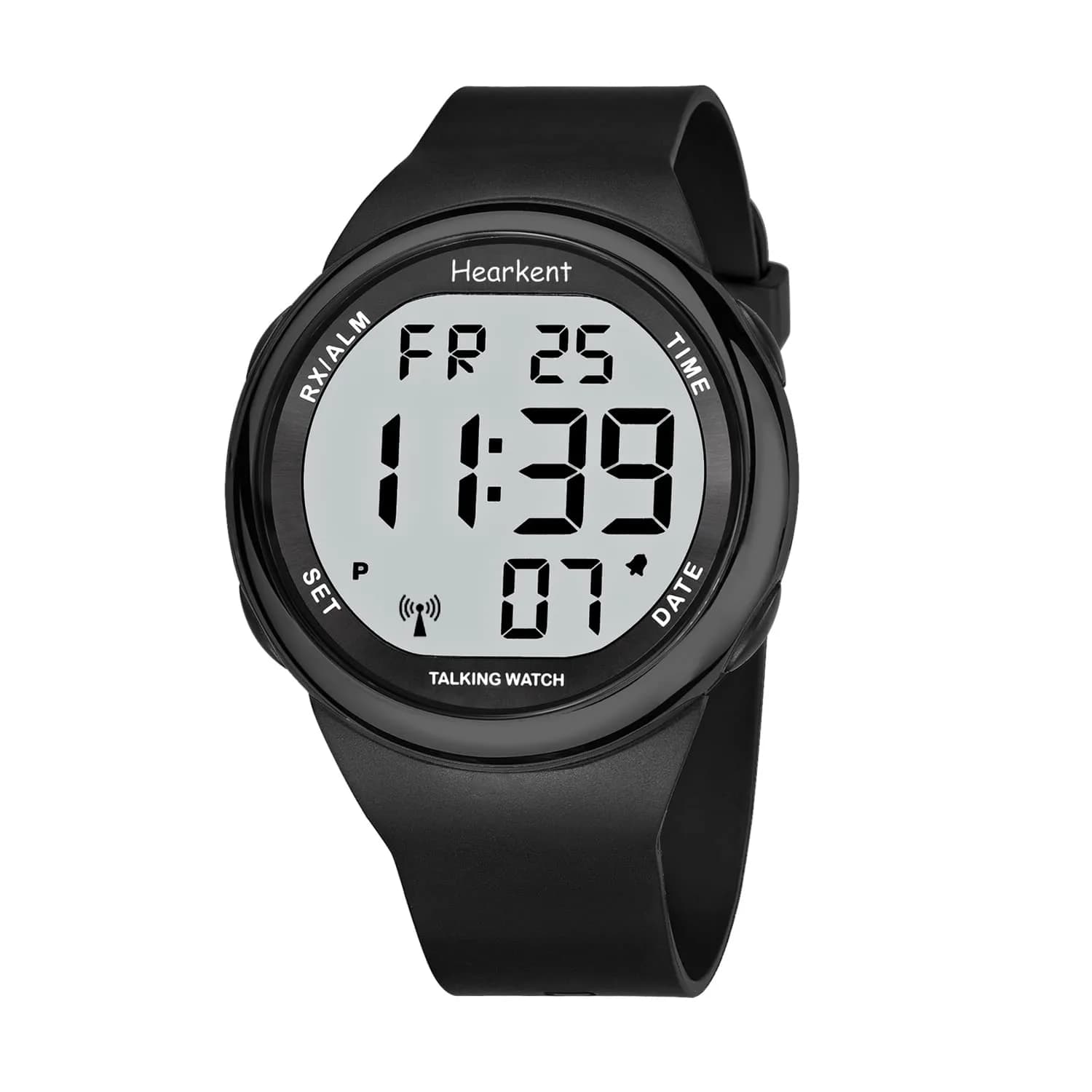Hearkent Atomic Talking Watch 5.9-9 inch Black Silicone Strap | Self-Setting for Elderly & Visually Impaired — All Black