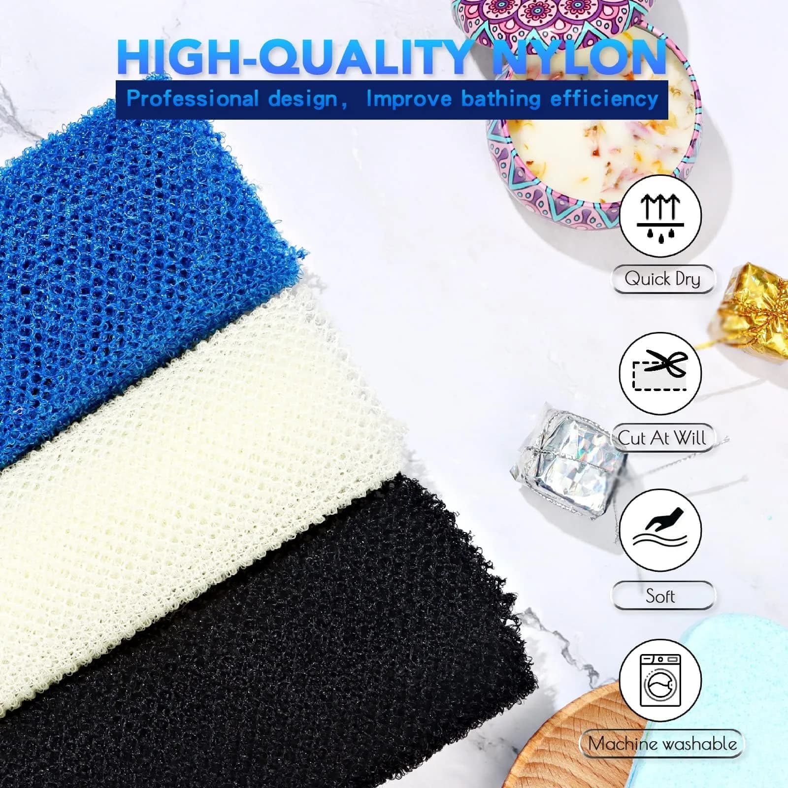 UJFQBH African Net Sponge 3 Pack (Blue, Black, Off-White) | Deep Cleansing & Gentle Exfoliation - view 3