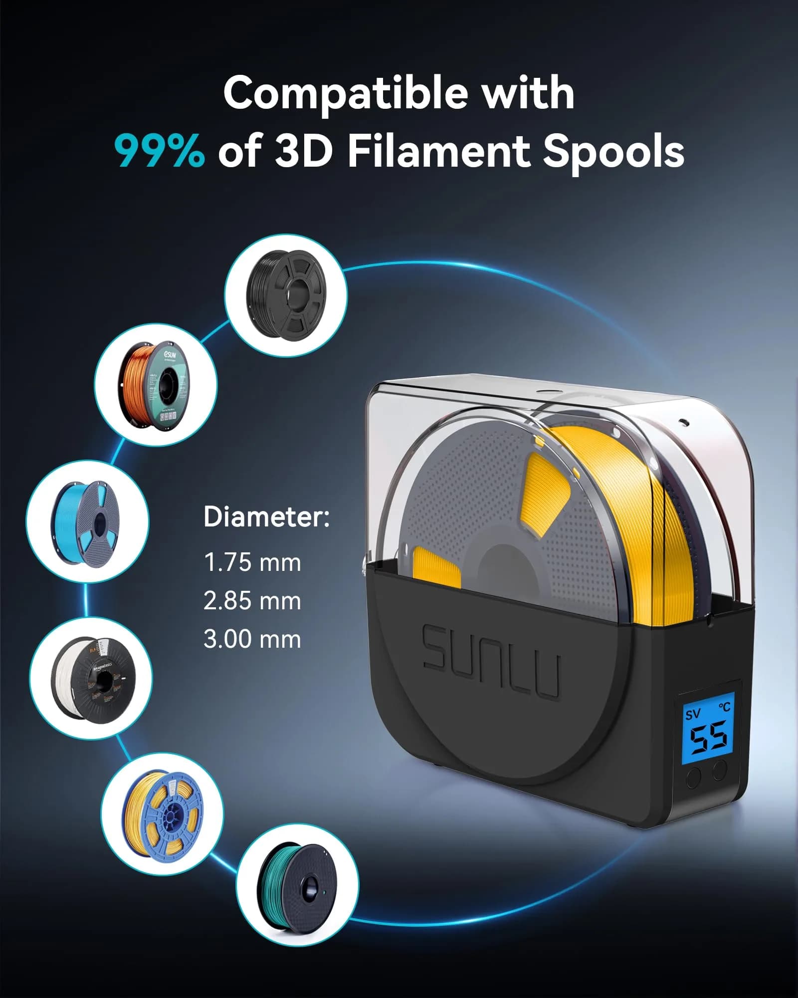SUNLU Filament Dryer Box S1 Plus Black 27.1cm (10.67in) | Fast Drying with Fan for 1.75-3.00mm Filament thumbnail 5