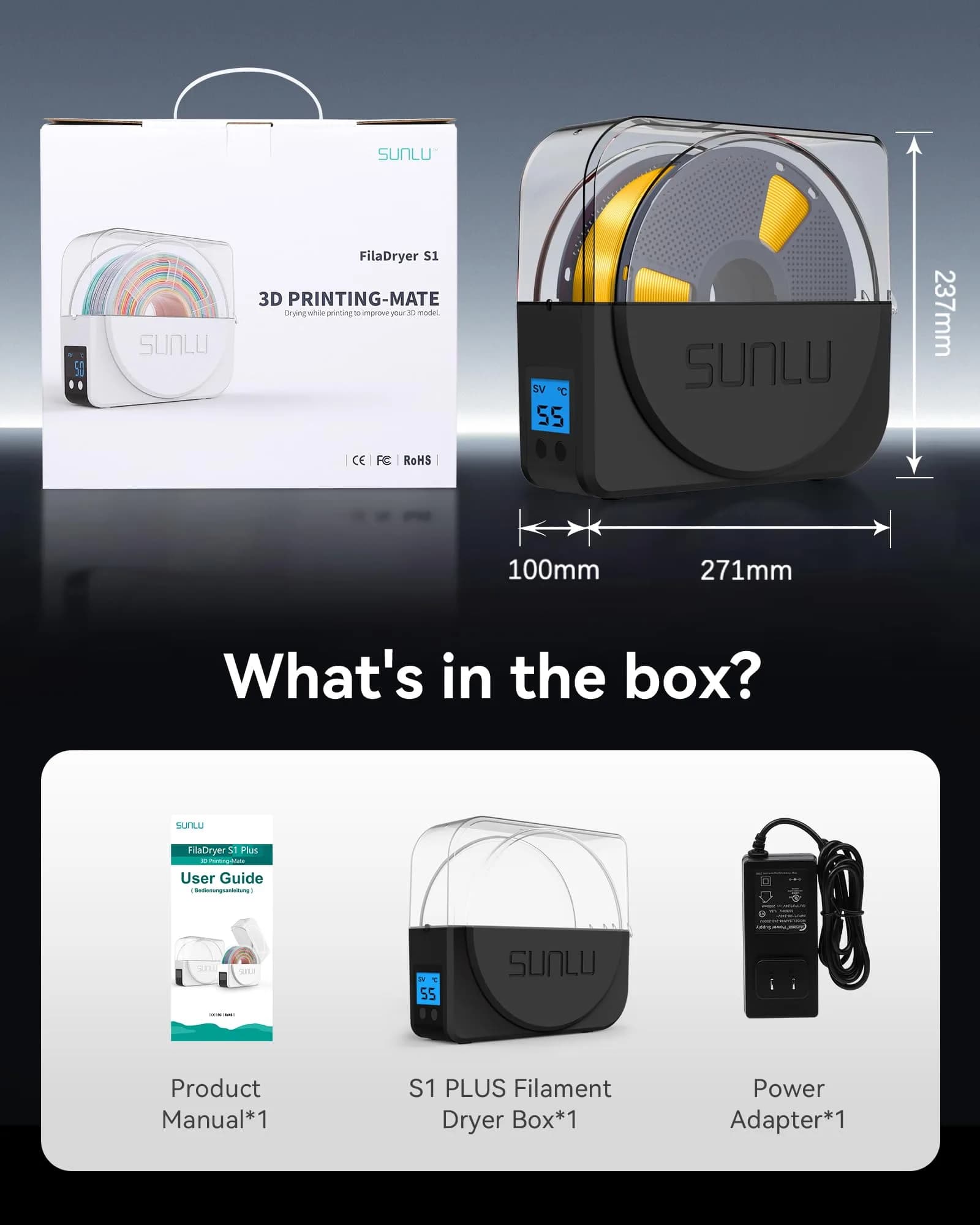 SUNLU Filament Dryer Box S1 Plus Black 27.1cm (10.67in) | Fast Drying with Fan for 1.75-3.00mm Filament thumbnail 9