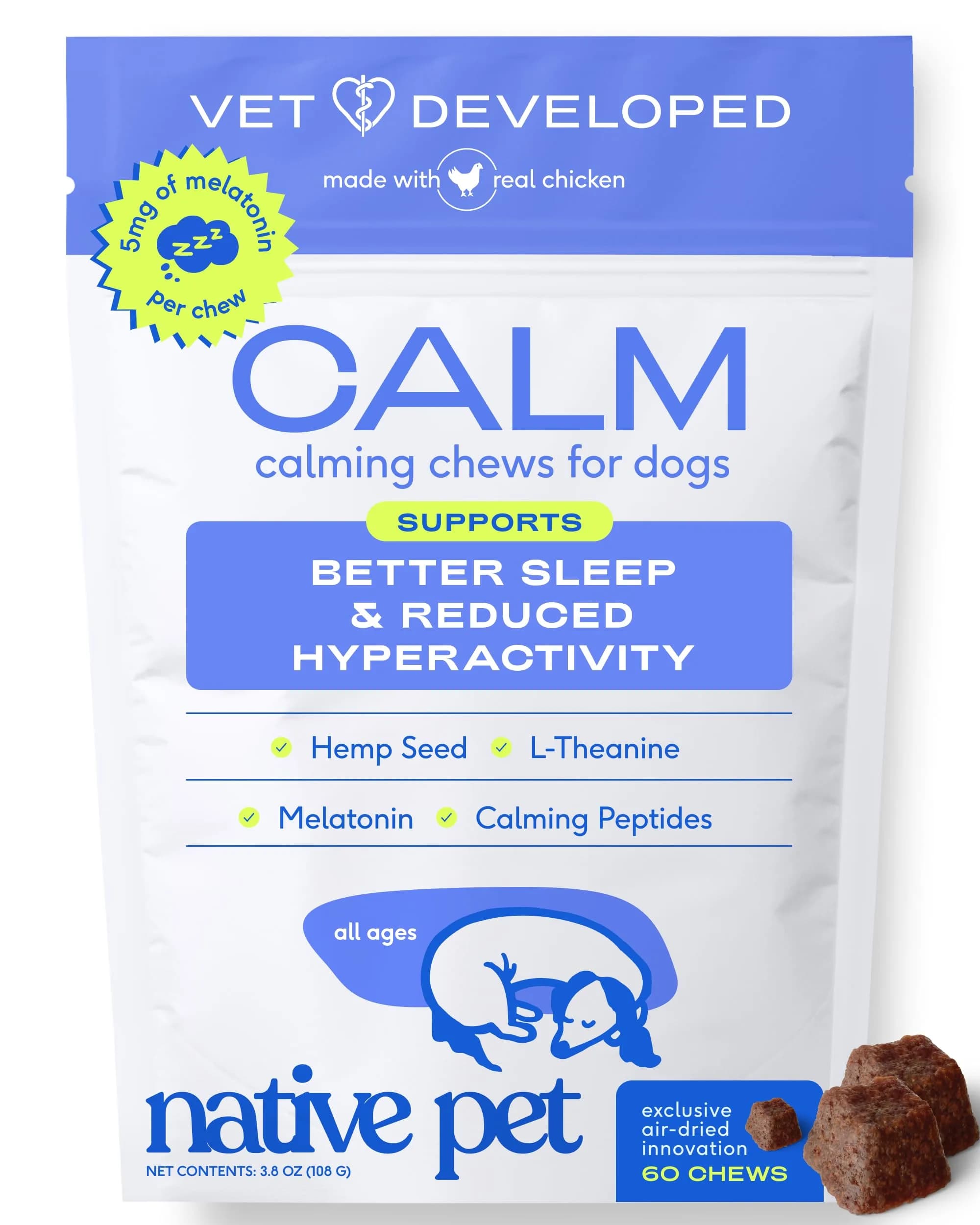 Native Pet Calming Chews for Dogs - Air-Dried Chicken Flavor, 60 Chews | Supports Calmness & Emotional Balance - main product image