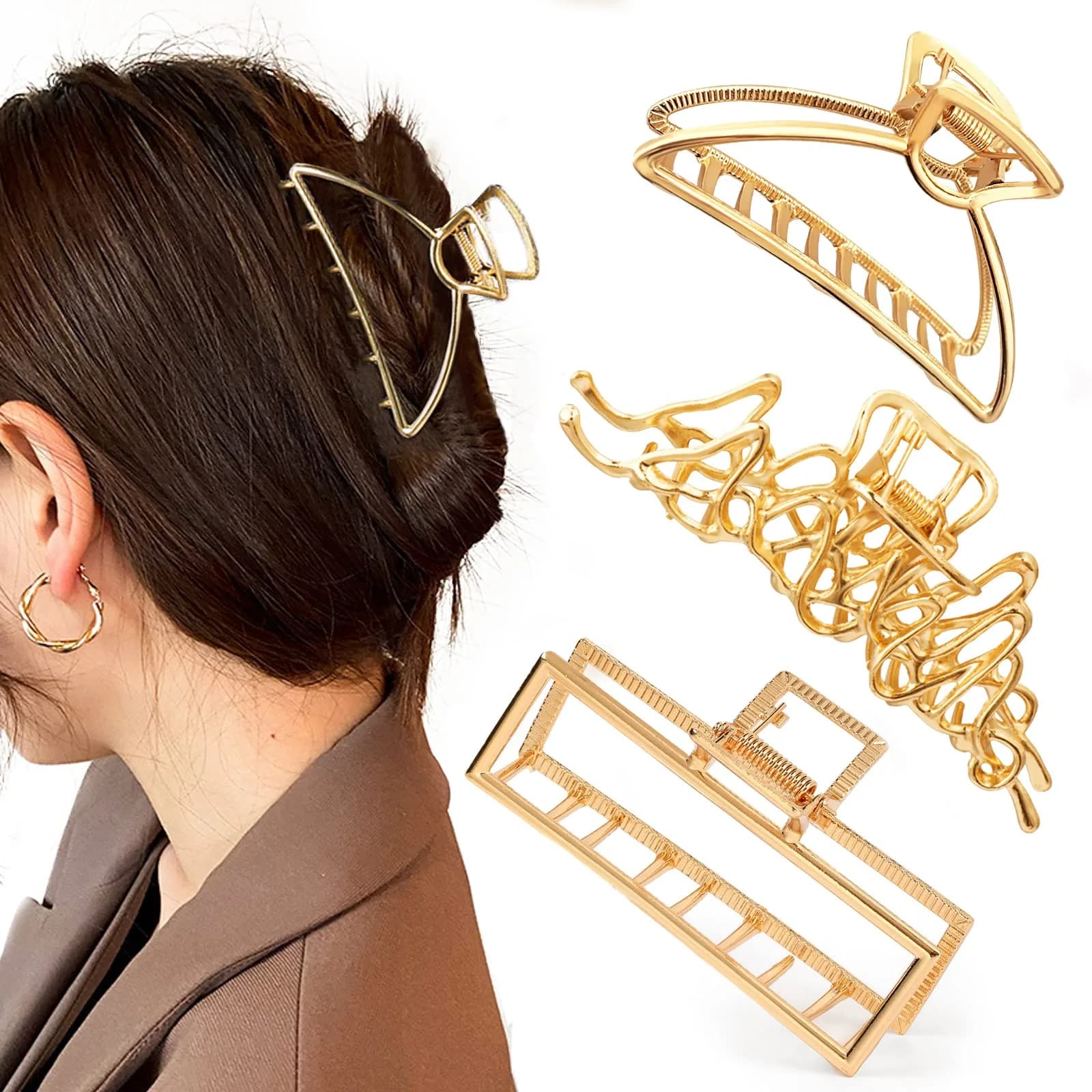 Mehayi 3 PCS Large Gold Metal Hair Claw Clips for Women Girls | Strong Hold for Thick & Thin Hair — Type E