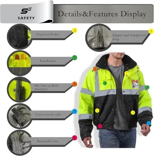 sesafety Reflective Jacket for Men, High Visibility Waterproof Bomber, Class 3 | Safety & Construction Gear thumbnail 4