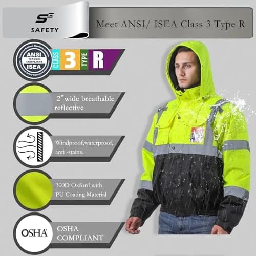 sesafety Reflective Jacket for Men, High Visibility Waterproof Bomber, Class 3 | Safety & Construction Gear thumbnail 3