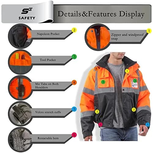 sesafety Reflective Jacket for Men, High Visibility Jackets, Waterproof Class 3 | Safety Bomber with Pockets thumbnail 4