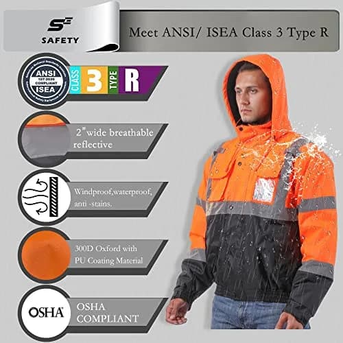 sesafety Reflective Jacket for Men, High Visibility Jackets, Waterproof Class 3 | Safety Bomber with Pockets thumbnail 3