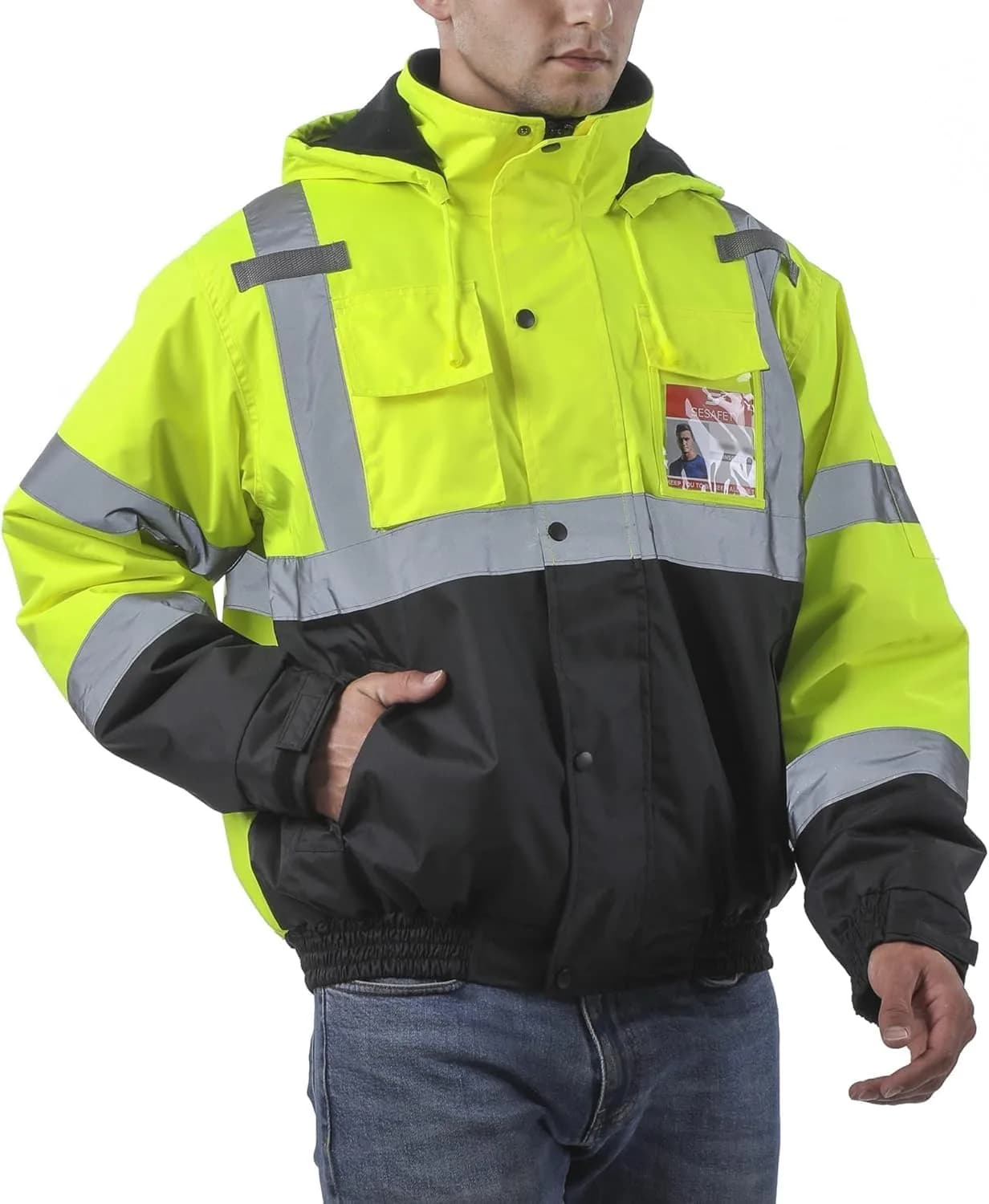 sesafety Reflective Jacket for Men, High Visibility Jackets, Waterproof Safety Bomber Jacket, Class 3 | Waterproof & Reflective — Yellow / Large