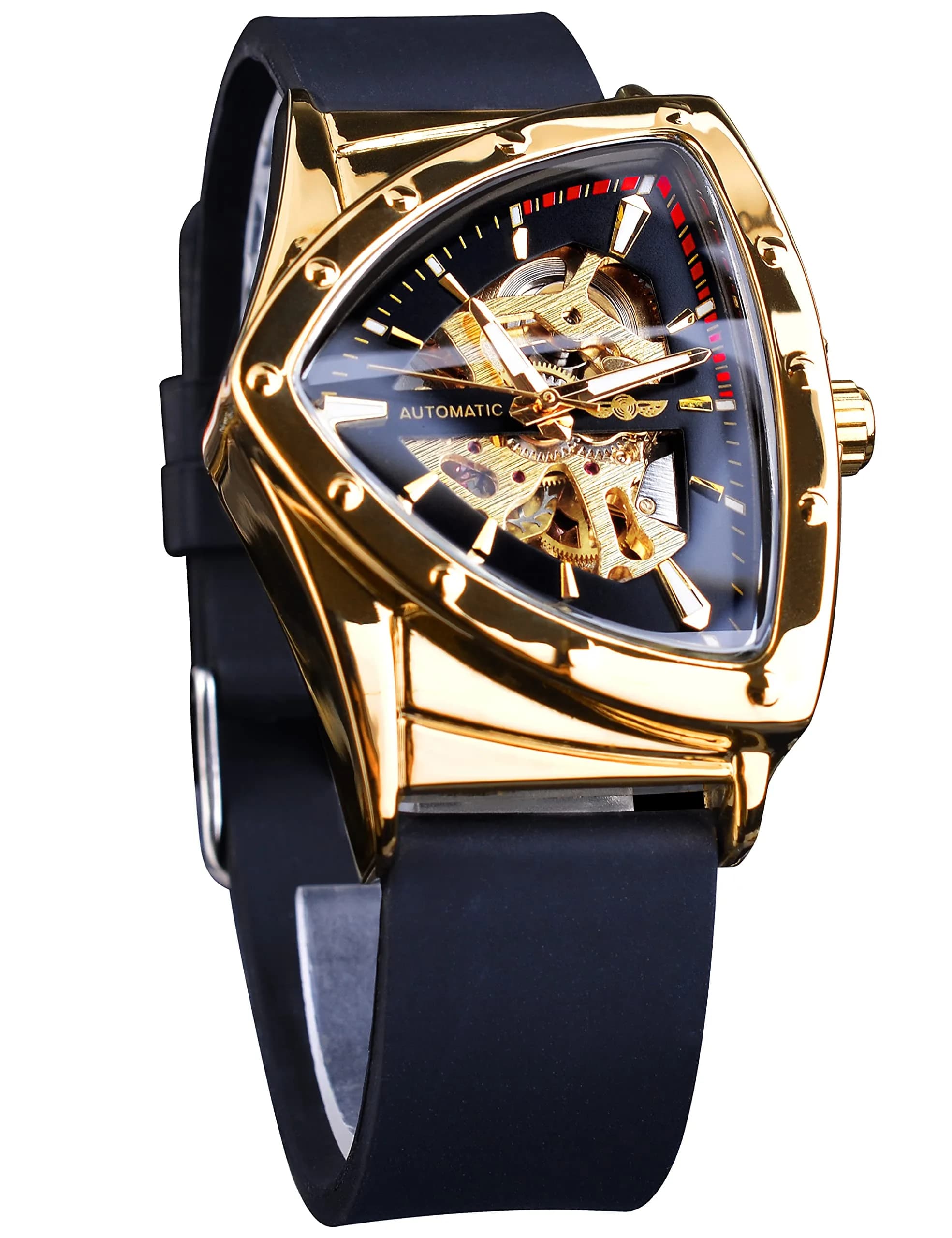 FORSINING Skeleton Watch for Men, Automatic Mechanical, Triangle Dial, 43mm Diameter, 20mm Wide Silicone Strap — Silver