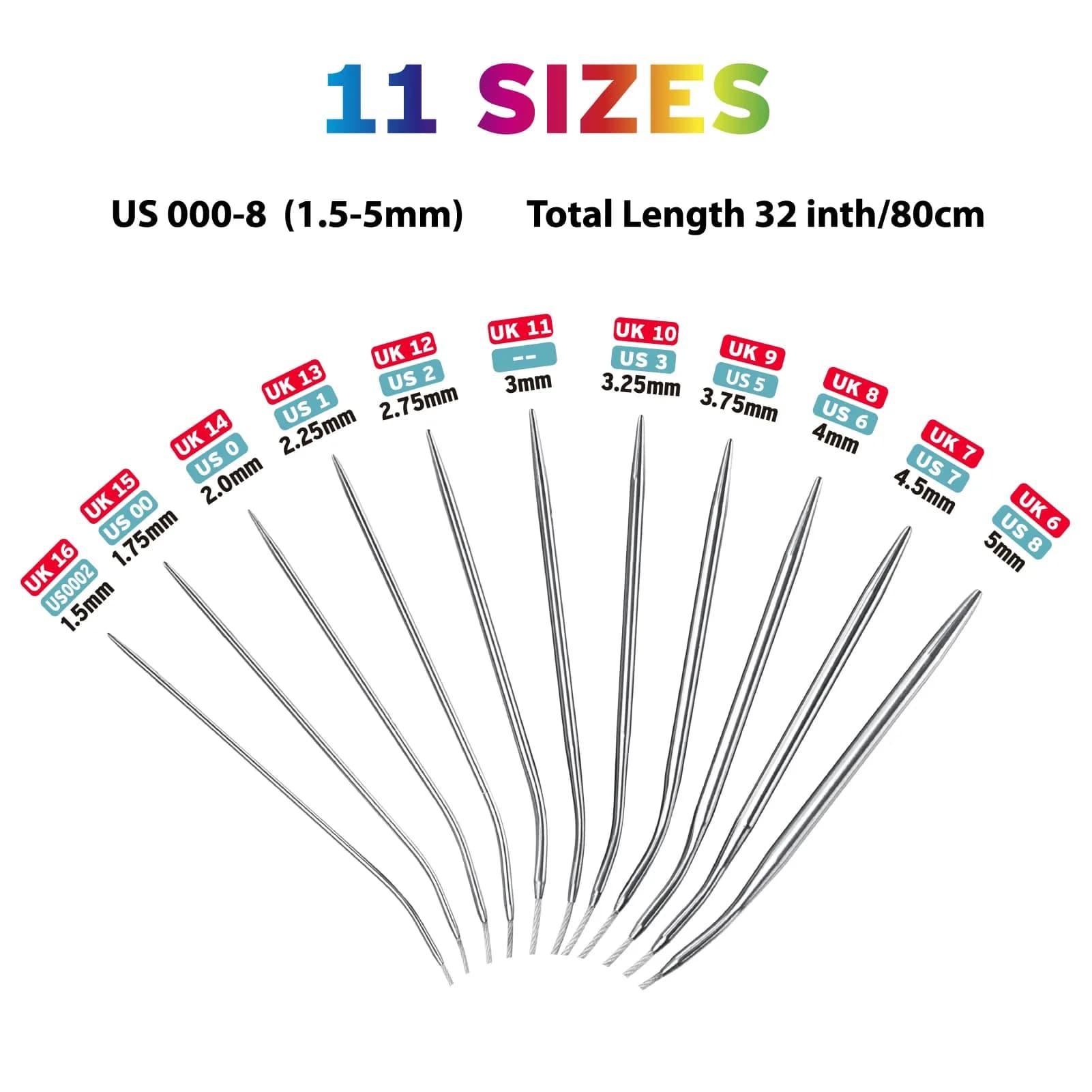 Coowayze Circular Knitting Needles Set, Stainless Steel 32 Inch (80 cm) | 11 Sizes 1.5-5mm Magic Loop - view 3