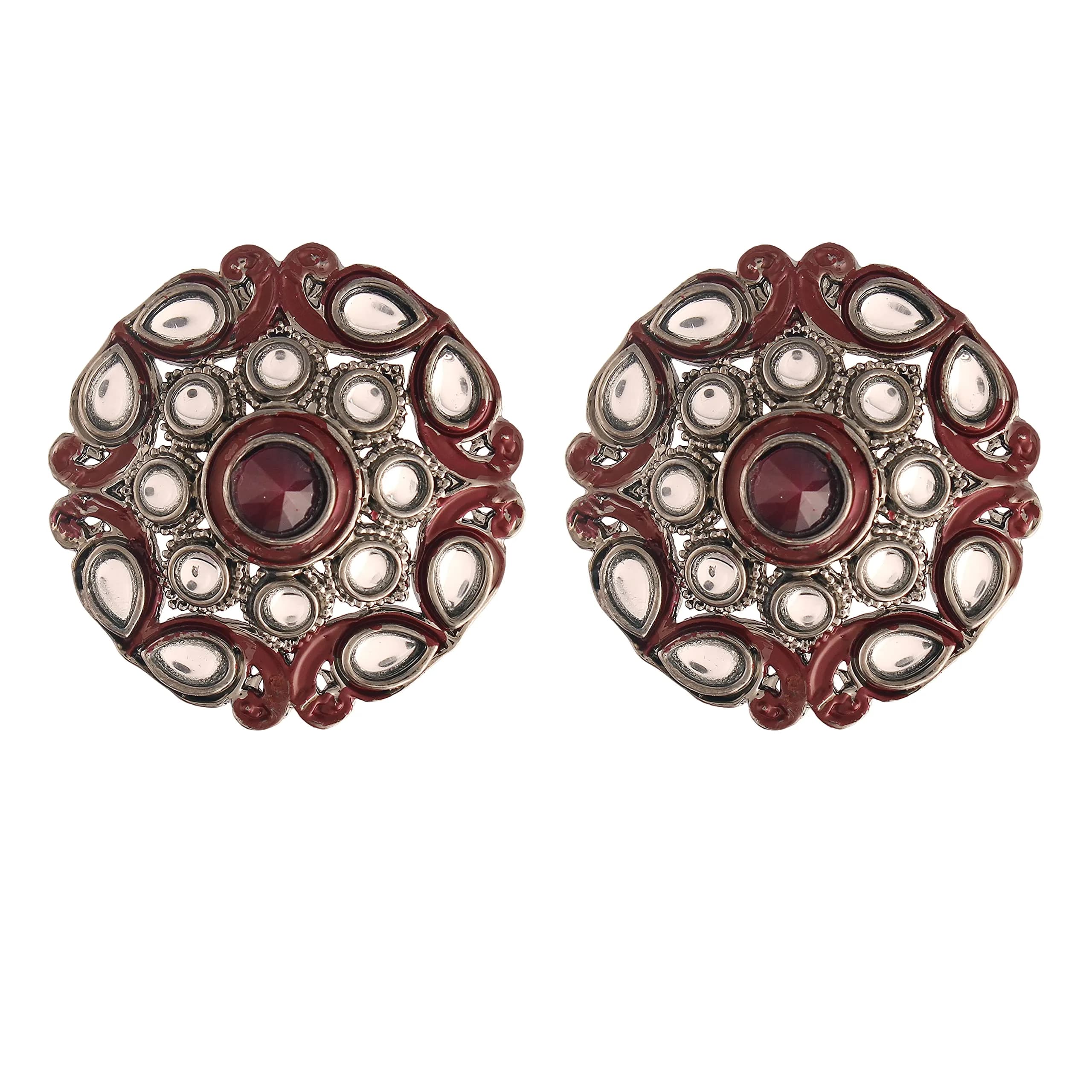 I Jewels Silver Oxidized Kundan Stud Earrings 3.5cm (1.4in) | Meena Work Bollywood Designer for Women
