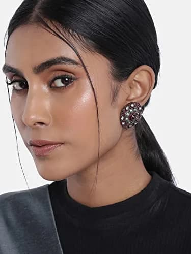 I Jewels Silver Oxidized Kundan Stud Earrings 3.5cm (1.4in) | Meena Work Bollywood Designer for Women thumbnail 2