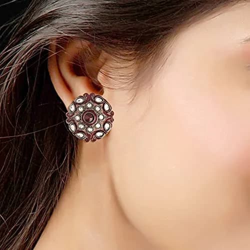I Jewels Silver Oxidized Kundan Stud Earrings 3.5cm (1.4in) | Meena Work Bollywood Designer for Women thumbnail 3