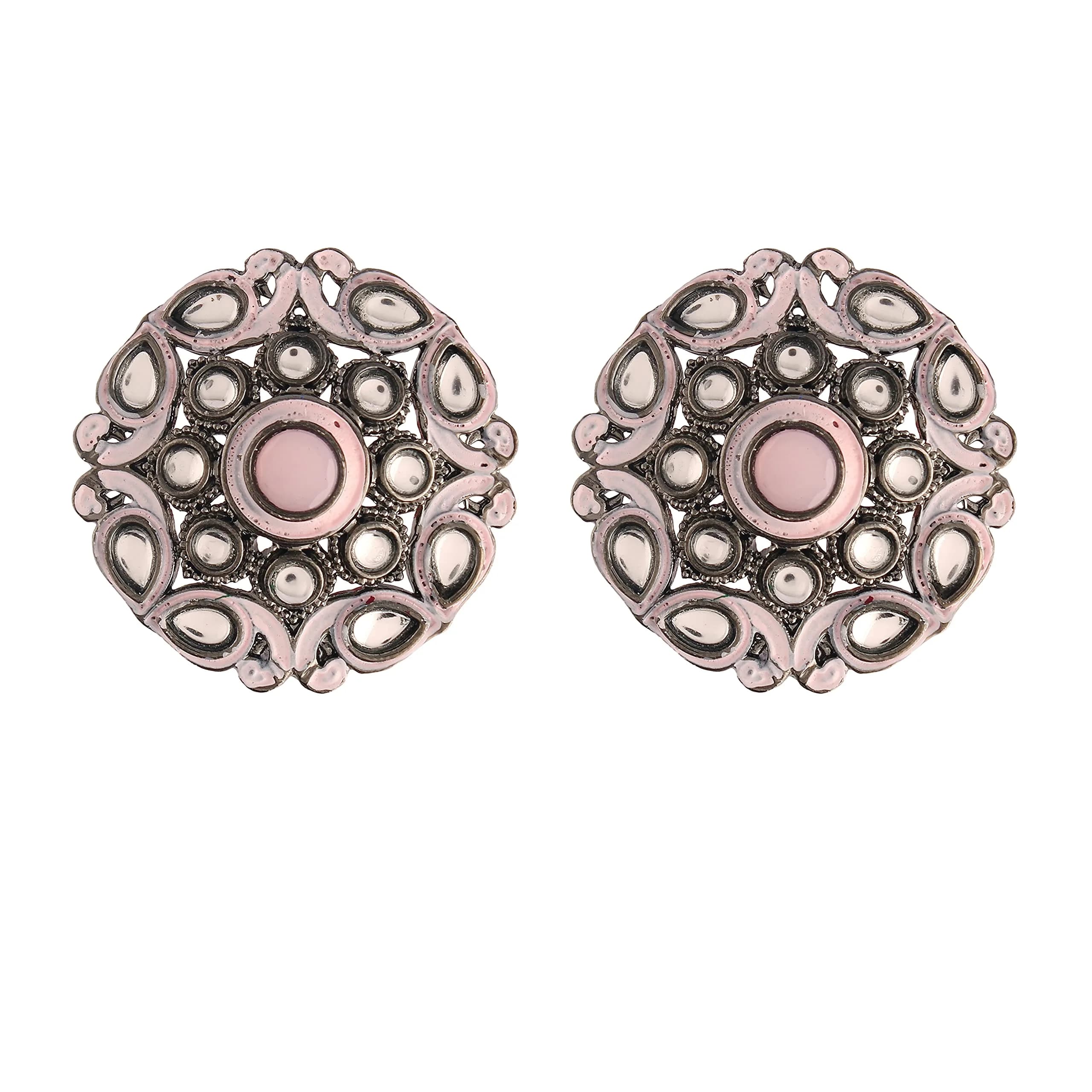 I Jewels Silver Oxidized Kundan Meena Work Circular Stud Earrings for Women | 3.5cm (1.4in) Diameter — Pink