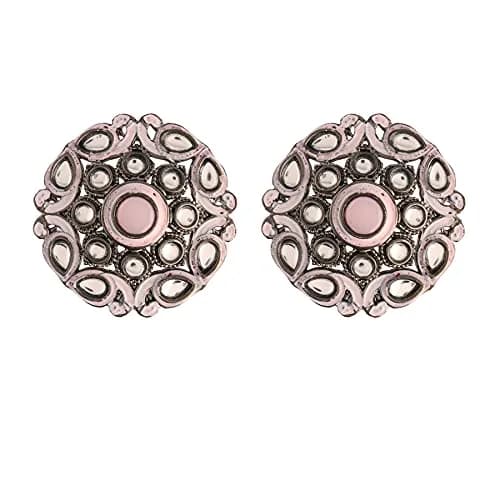 I Jewels Silver Oxidized Kundan Meena Work Circular Stud Earrings for Women | 3.5cm (1.4in) Diameter thumbnail 1