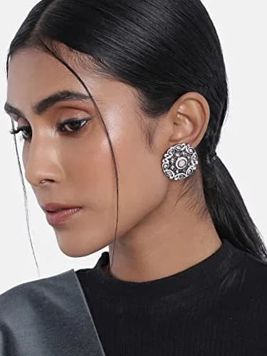 I Jewels Silver Oxidized Kundan Meena Work Circular Stud Earrings for Women | 3.5cm (1.4in) Diameter thumbnail 2