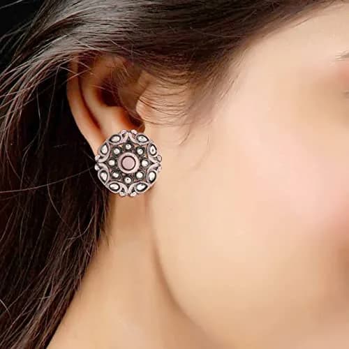 I Jewels Silver Oxidized Kundan Meena Work Circular Stud Earrings for Women | 3.5cm (1.4in) Diameter thumbnail 3