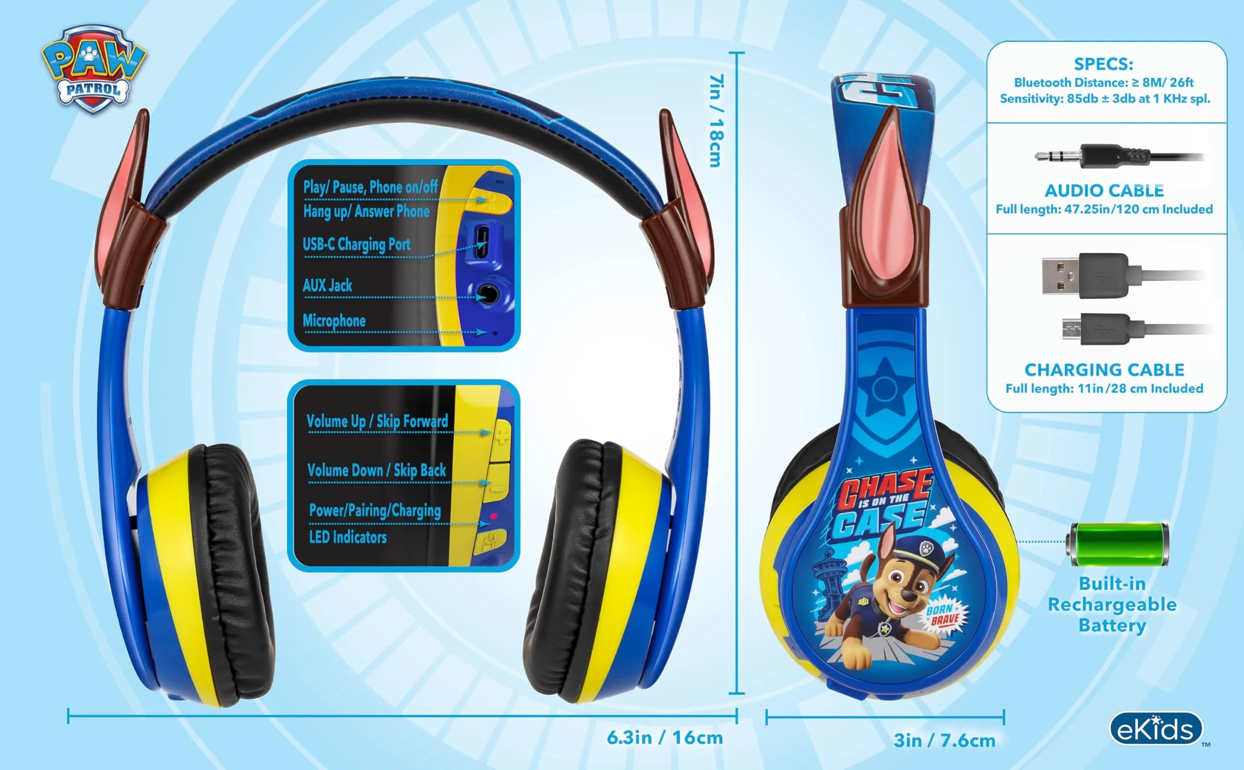 eKids PAW Patrol Chase Bluetooth Headphones for Kids | Kid-Friendly Stereo Sound - view 6