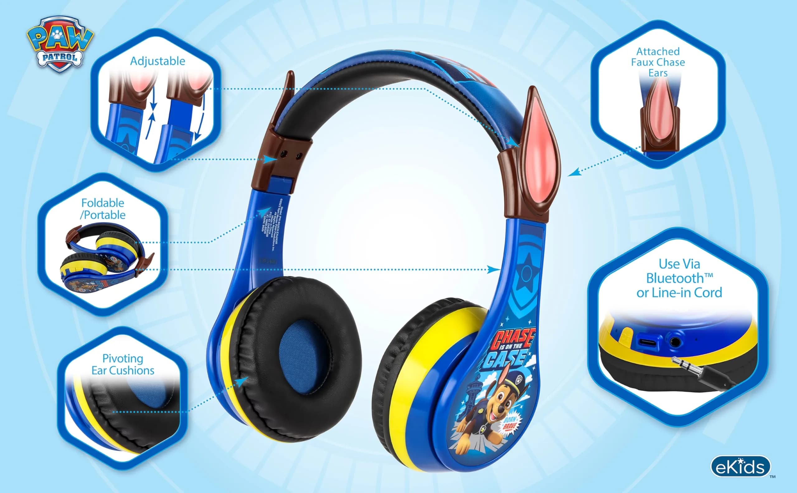 eKids PAW Patrol Chase Bluetooth Headphones for Kids | Kid-Friendly Stereo Sound - view 3