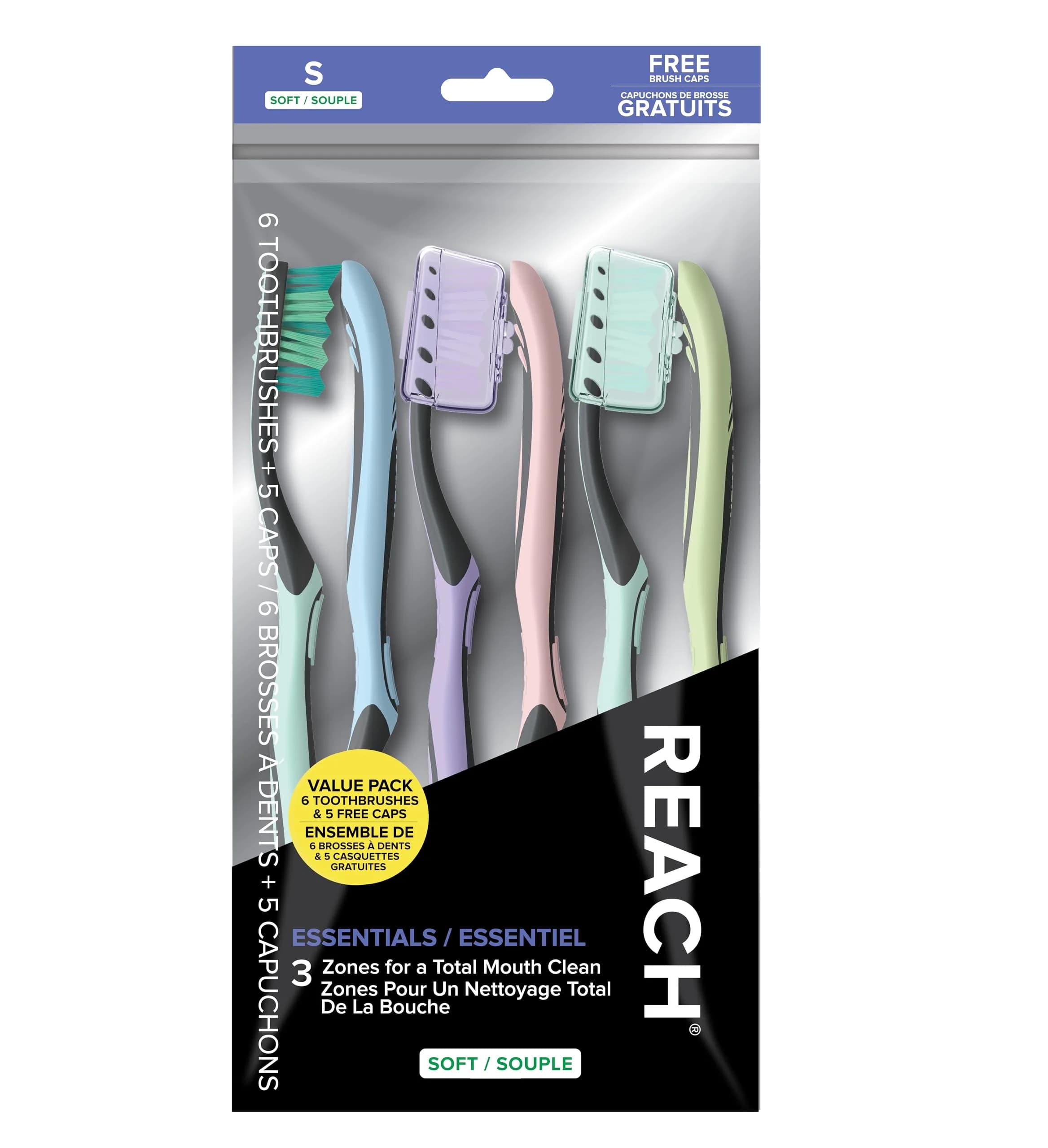 Reach Essentials Soft Toothbrushes with Toothbrush Caps, 6 Count | Bi-Level Bristles & Tongue Scraper — Medium