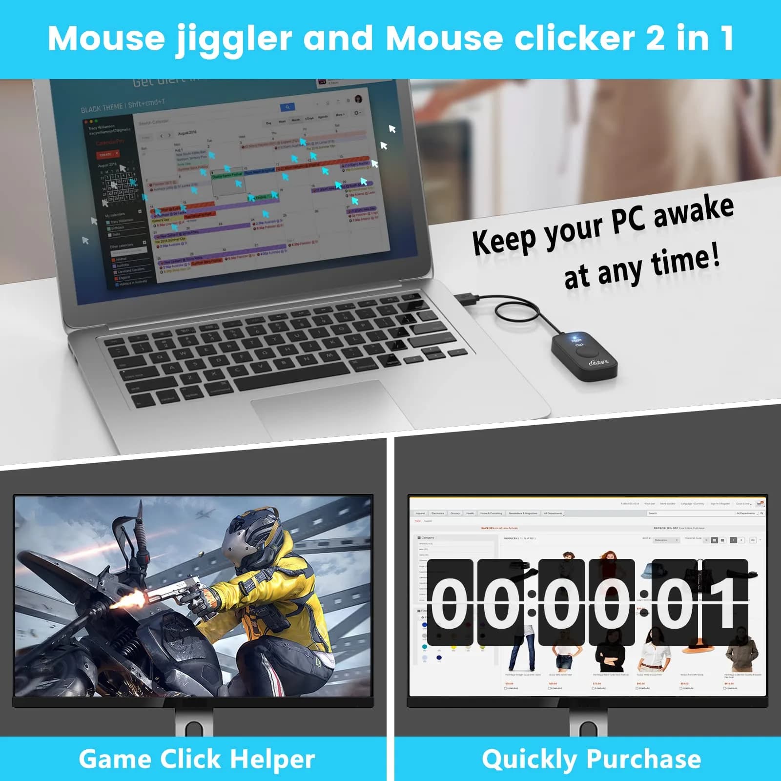 Cloudeck Mouse Jiggler M1-Black | Prevents PC Sleep & Auto Clicks - view 3