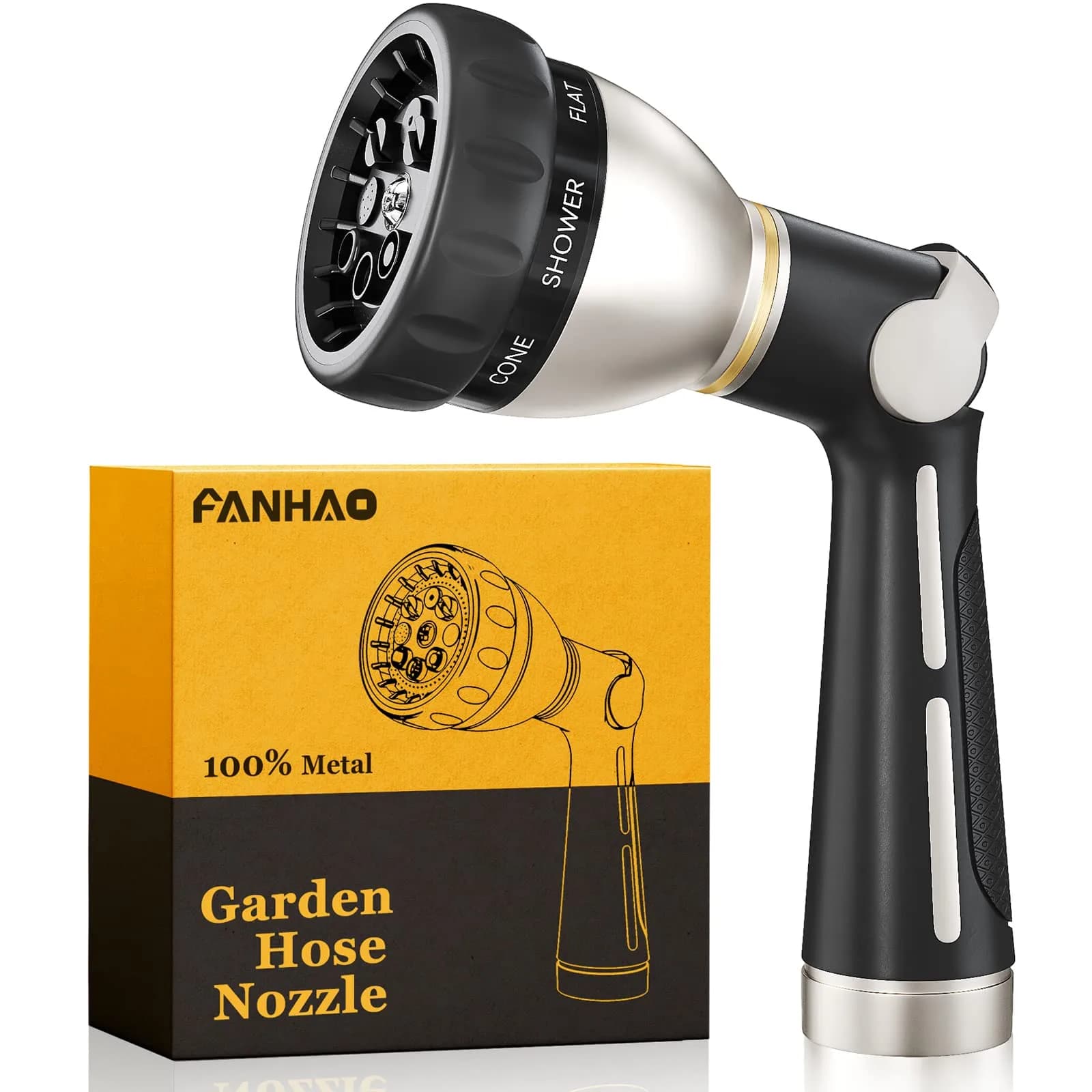 FANHAO Metal Thumb Control Garden Hose Nozzle Heavy Duty, 8 Spray Patterns | Rustproof Zinc Alloy, Ergonomic Grip