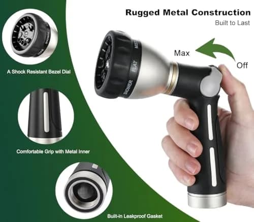 FANHAO Metal Thumb Control Garden Hose Nozzle Heavy Duty, 8 Spray Patterns | Rustproof Zinc Alloy, Ergonomic Grip thumbnail 3