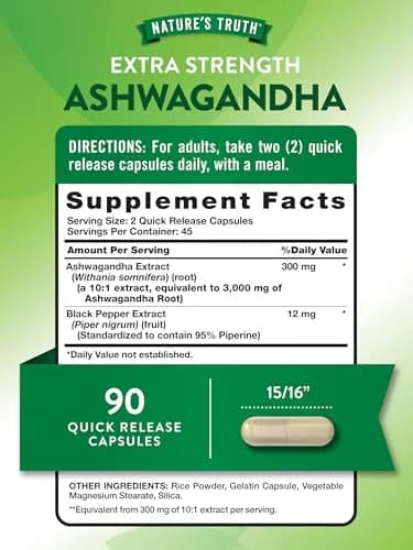 Nature's Truth Ashwagandha Capsules 90 Count | Extra Strength with Black Pepper for Adults thumbnail 2