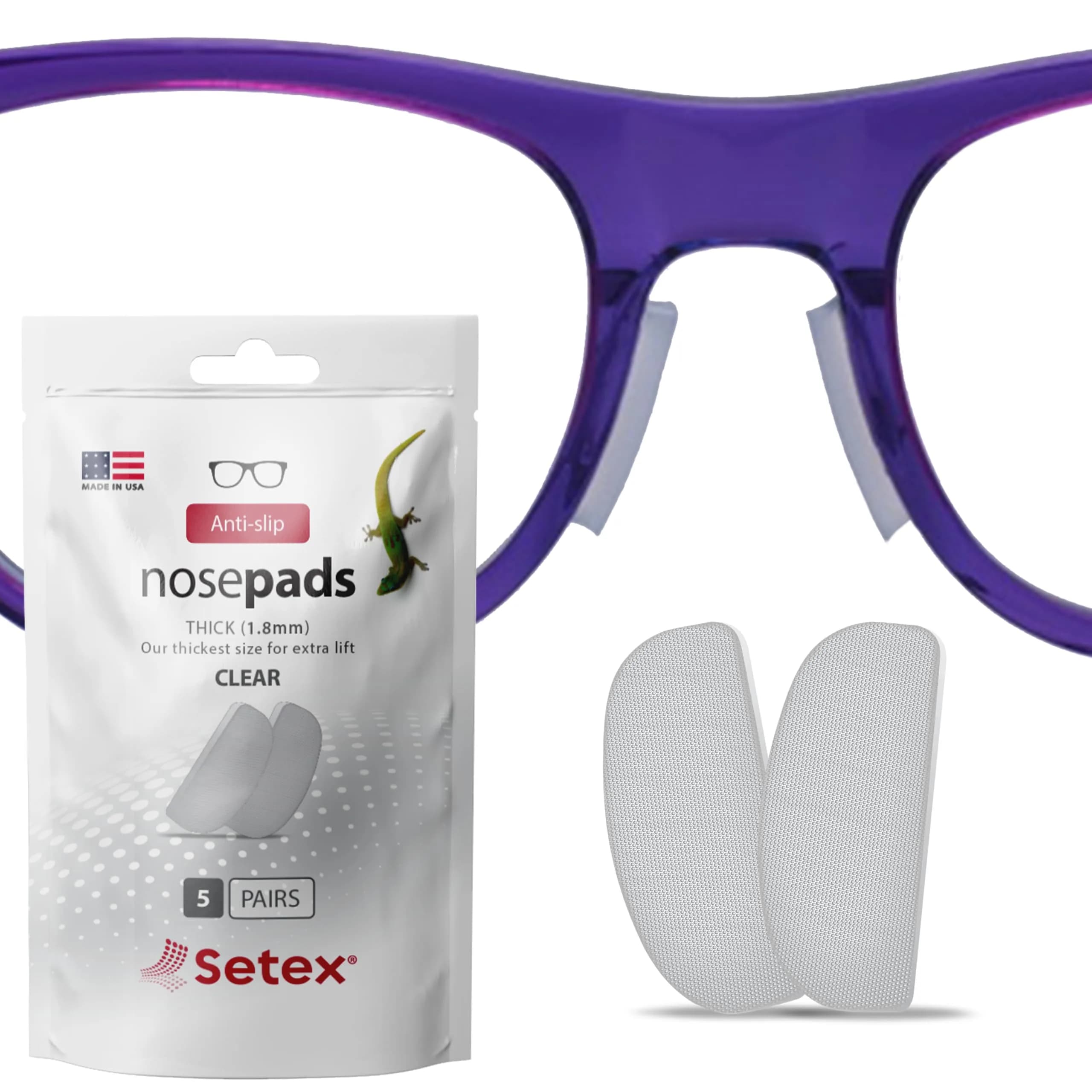 Setex Gecko Grip Thick 1.8mm Anti Slip Nose Pads for Glasses, 5 Pairs (10 Pads), Clear | Gecko-Inspired Microfiber Technology