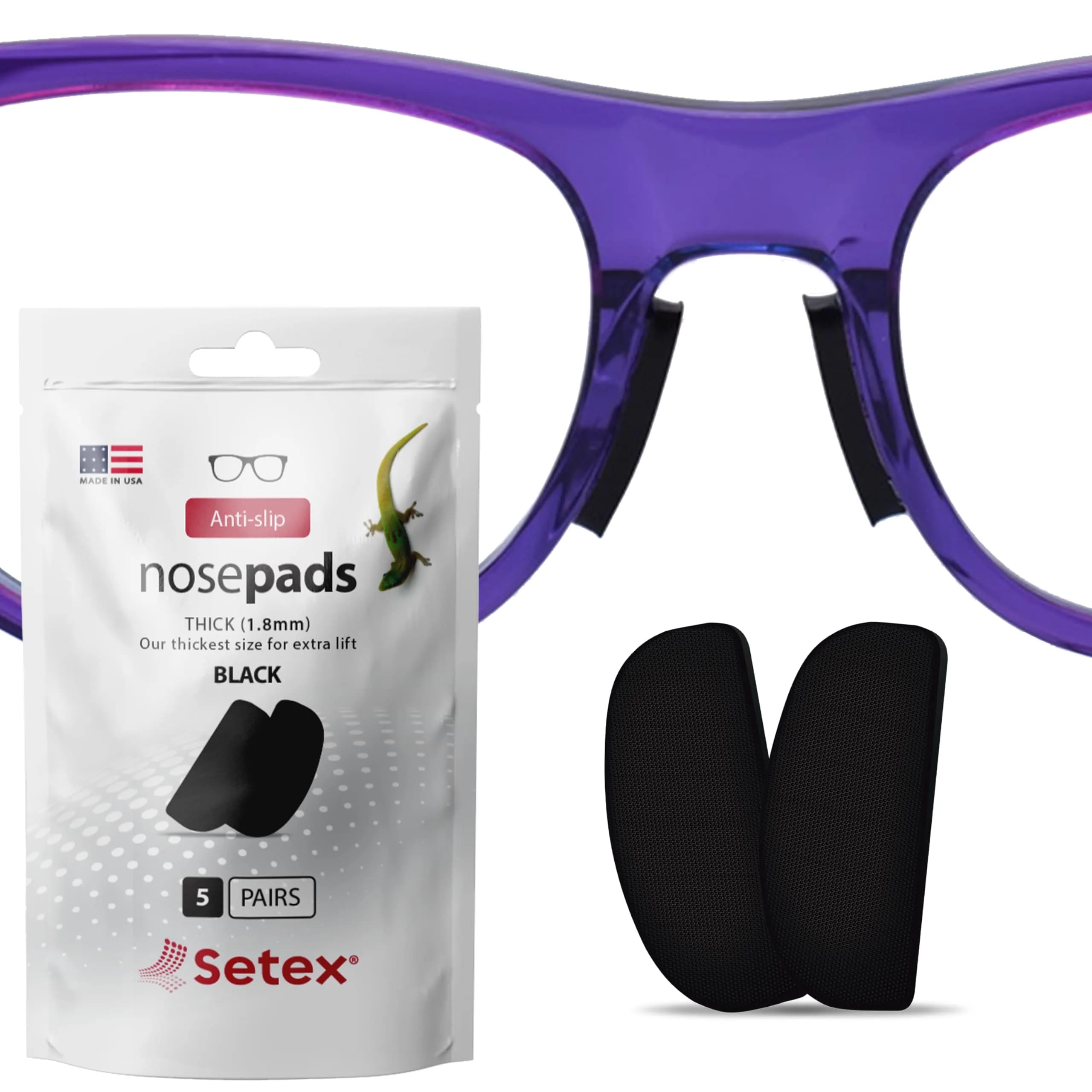 Setex Gecko Grip Thick 1.8mm Anti Slip Nose Pads for Glasses, 5 Pair Black | Secure Grip for Sweaty & Oily Skin — 5 Pair Black