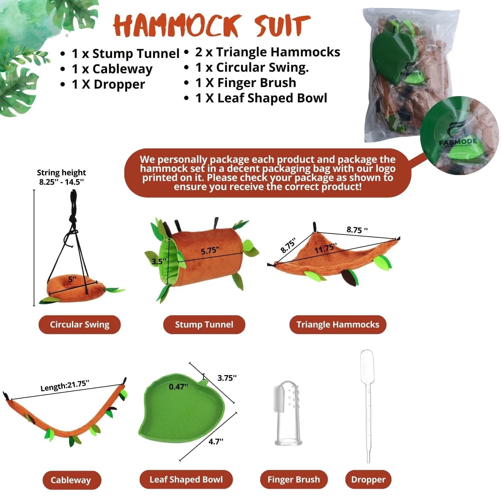 Fabmode 5Pcs Small Animal Hammock Set with Accessories | 26.9 cm (10.7 in) Hanging Cage Hideout - view 2
