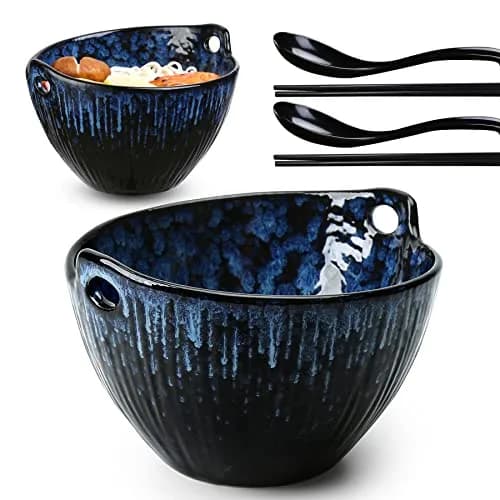 JH JIEMEI HOME Ramen Bowl with Chopsticks & Spoons, 7 Inch Ceramic Set of 2 | Reactive Glazed Navy Donburi Bowls thumbnail 1
