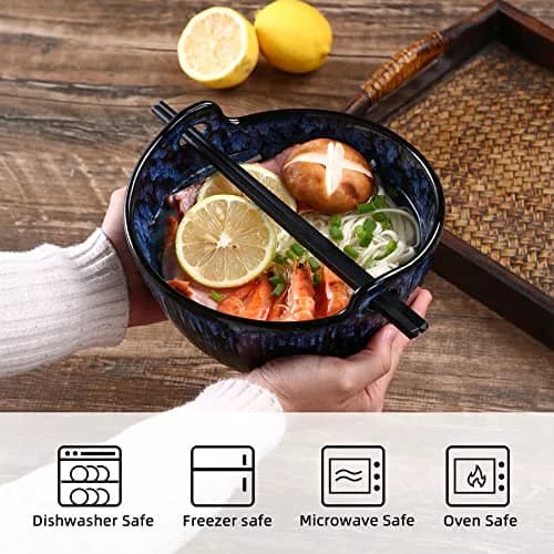 JH JIEMEI HOME Ramen Bowl with Chopsticks & Spoons, 7 Inch Ceramic Set of 2 | Reactive Glazed Navy Donburi Bowls thumbnail 4