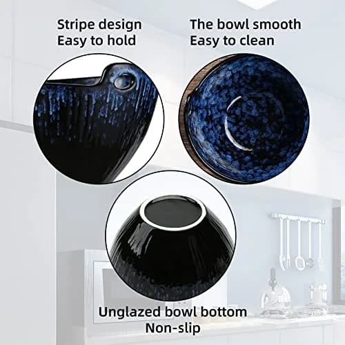 JH JIEMEI HOME Ramen Bowl with Chopsticks & Spoons, 7 Inch Ceramic Set of 2 | Reactive Glazed Navy Donburi Bowls thumbnail 5