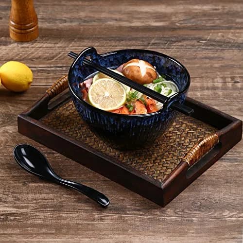 JH JIEMEI HOME Ramen Bowl with Chopsticks & Spoons, 7 Inch Ceramic Set of 2 | Reactive Glazed Navy Donburi Bowls thumbnail 6