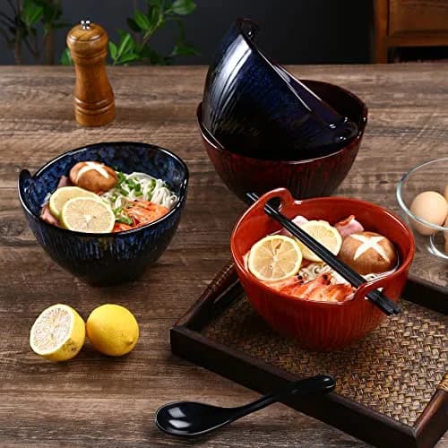 JH JIEMEI HOME Ramen Bowl with Chopsticks & Spoons, 7 Inch Ceramic Set of 2 | Reactive Glazed Navy Donburi Bowls thumbnail 7