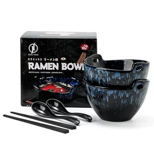 JH JIEMEI HOME Ramen Bowl with Chopsticks & Spoons, 7 Inch Ceramic Set of 2 | Reactive Glazed Navy Donburi Bowls thumbnail 9