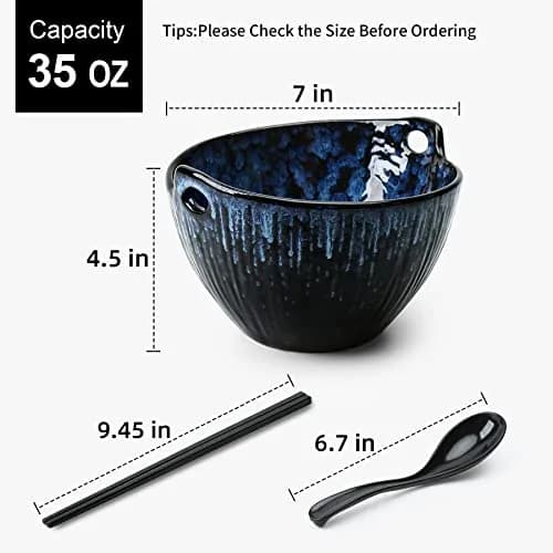 JH JIEMEI HOME Ramen Bowl with Chopsticks & Spoons, 7 Inch Ceramic Set of 2 | Reactive Glazed Navy Donburi Bowls thumbnail 2