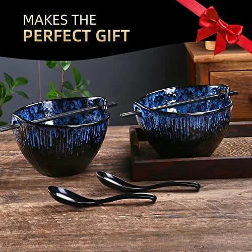 JH JIEMEI HOME Ramen Bowl with Chopsticks & Spoons, 7 Inch Ceramic Set of 2 | Reactive Glazed Navy Donburi Bowls thumbnail 3