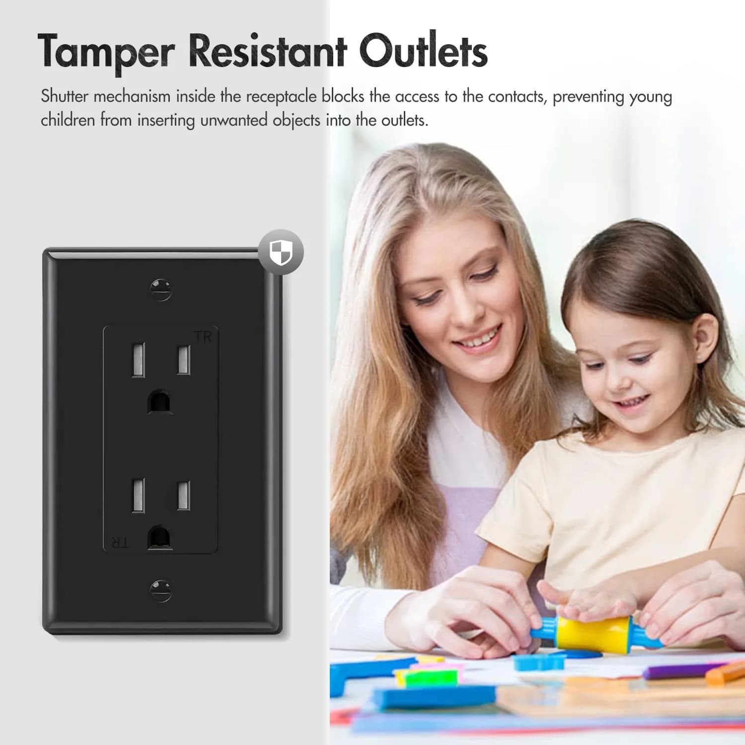 micmi Decorator Receptacle Outlet 15A | Tamper Resistant Grounded UL Listed (10Pack, Black) thumbnail 5